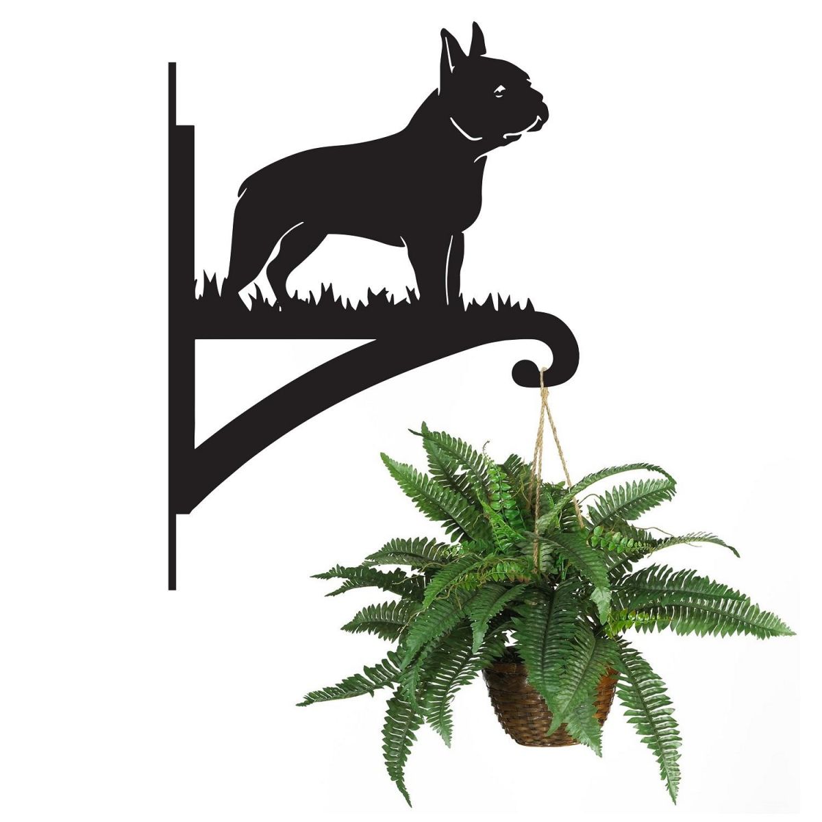 Boston Terrier Hanging Basket Bracket Holding a Flower Basket