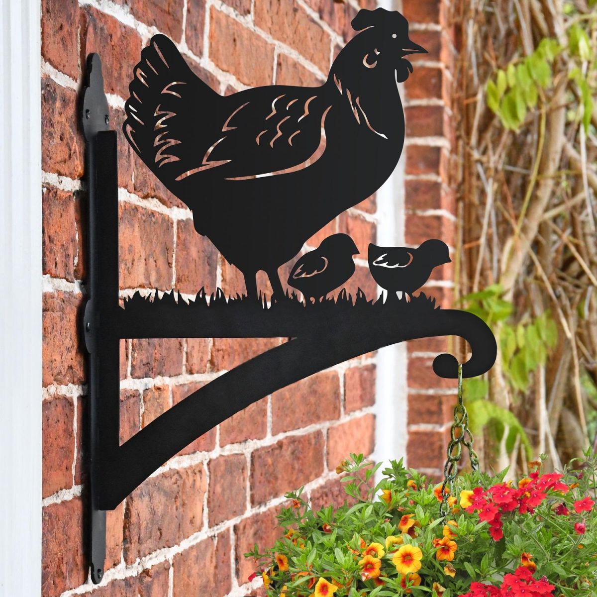 Side View of the Hen & Chicks Hanging Wall Bracket in Situ on a Brick Wall