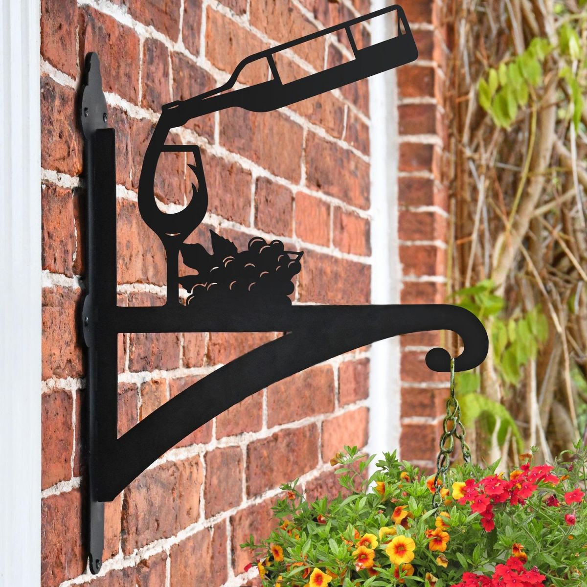Wine & Glass Hanging Basket Bracket on Brick Wall 