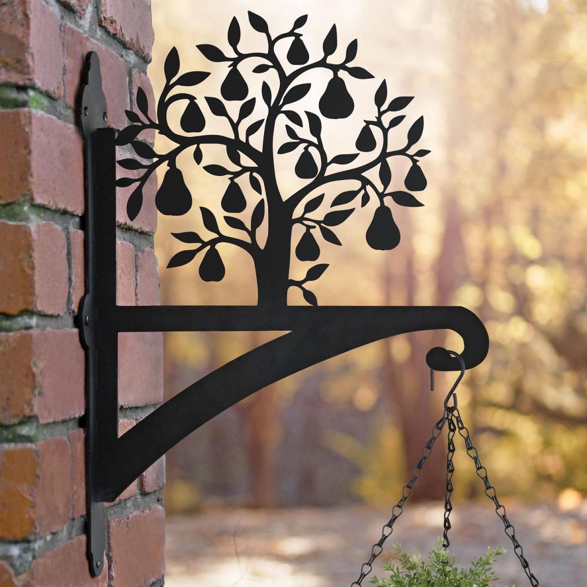 Pear Tree Hanging Basket Bracket on a Brick Wall in the Garden