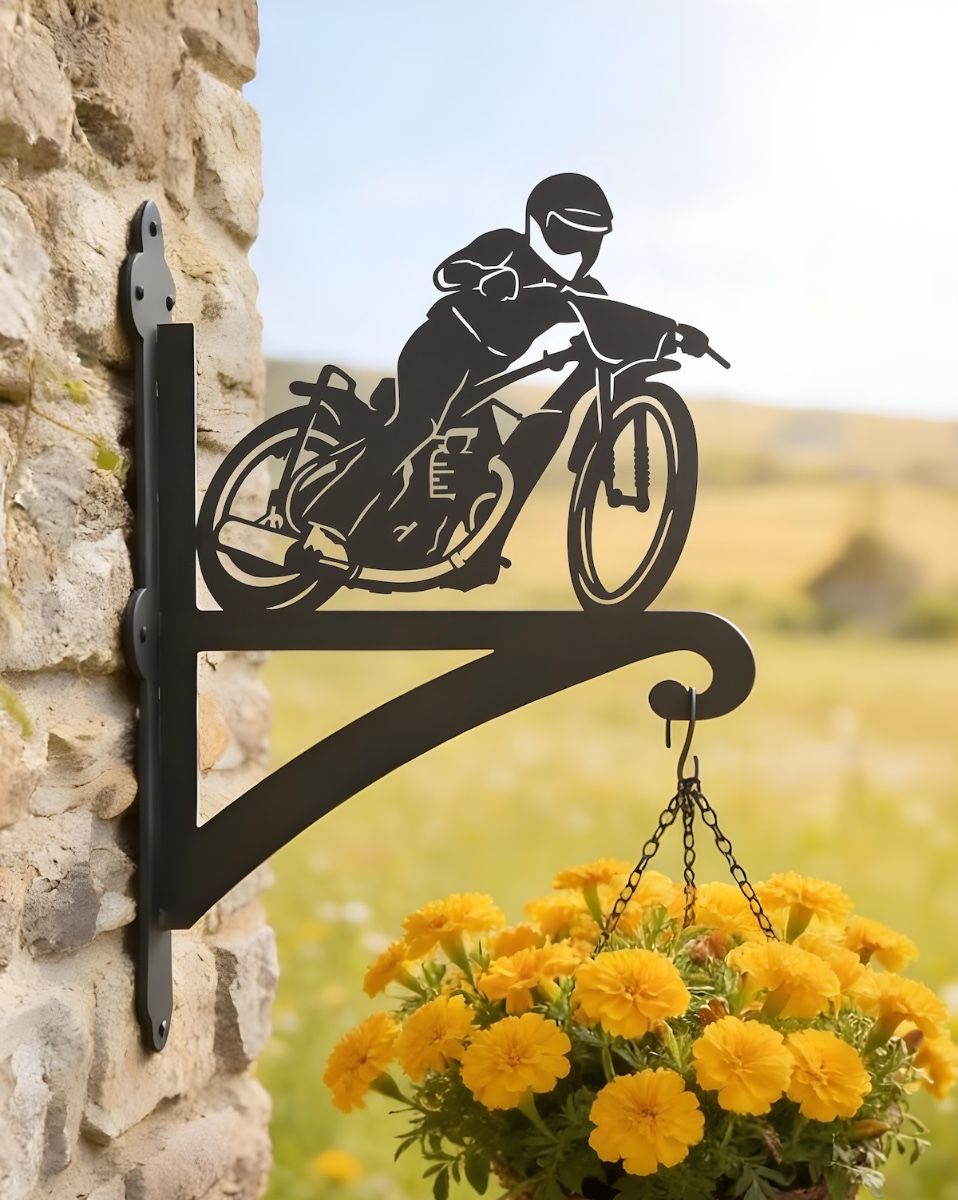 Digital representation of Speedway Motorbike Racing Iron Hanging Basket Bracket mounted on a farm cottage