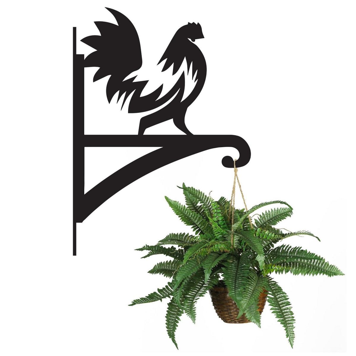 Farm Yard Rooster Hanging Basket Bracket holding a Flower Basket