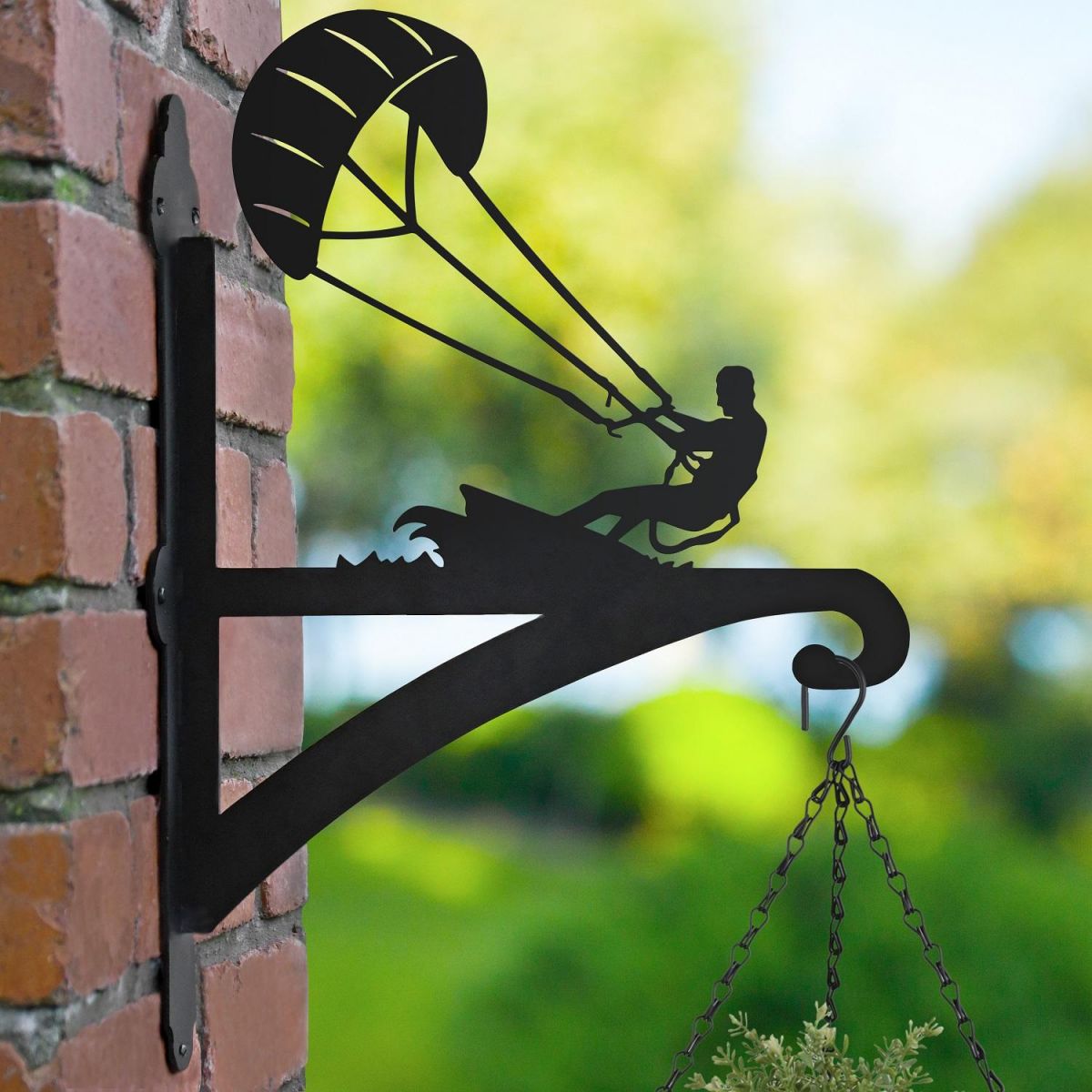 Kite Surfer Hanging Basket Bracket in Garden Setting  Kite Surfer Hanging Basket Bracket in Garden Setting