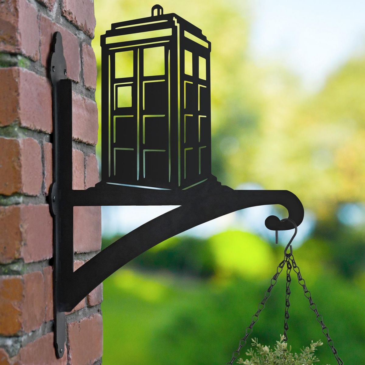 Tardis Hanging Basket Bracket in Garden Tardis Hanging Basket Bracket in Garden
