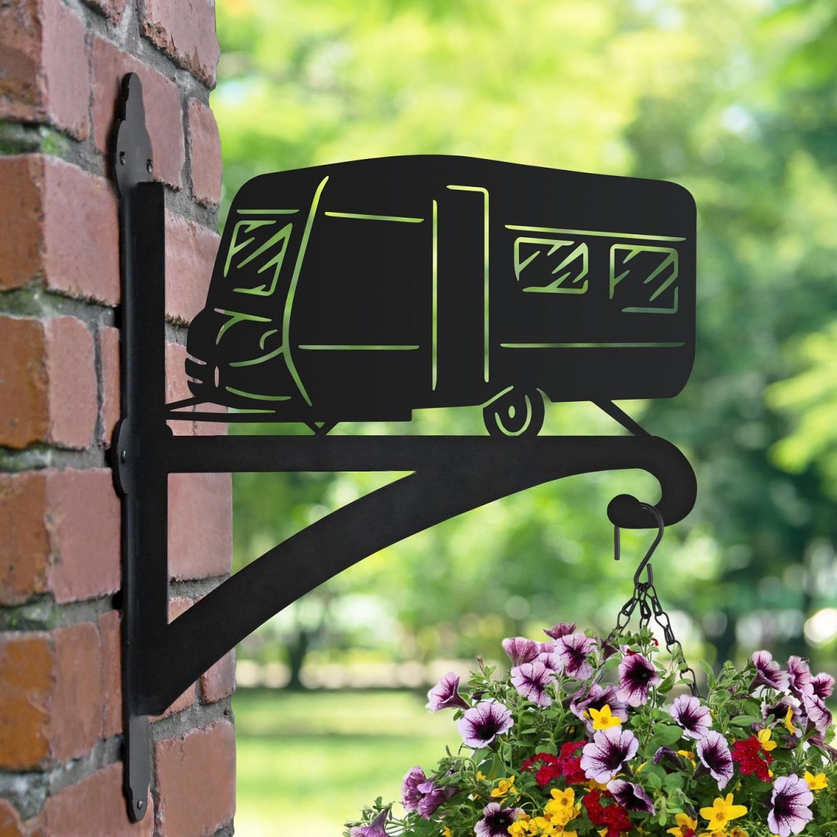 Caravan Iron Hanging Basket Bracket in Garden Setting  Caravan Iron Hanging Basket Bracket in Garden Setting