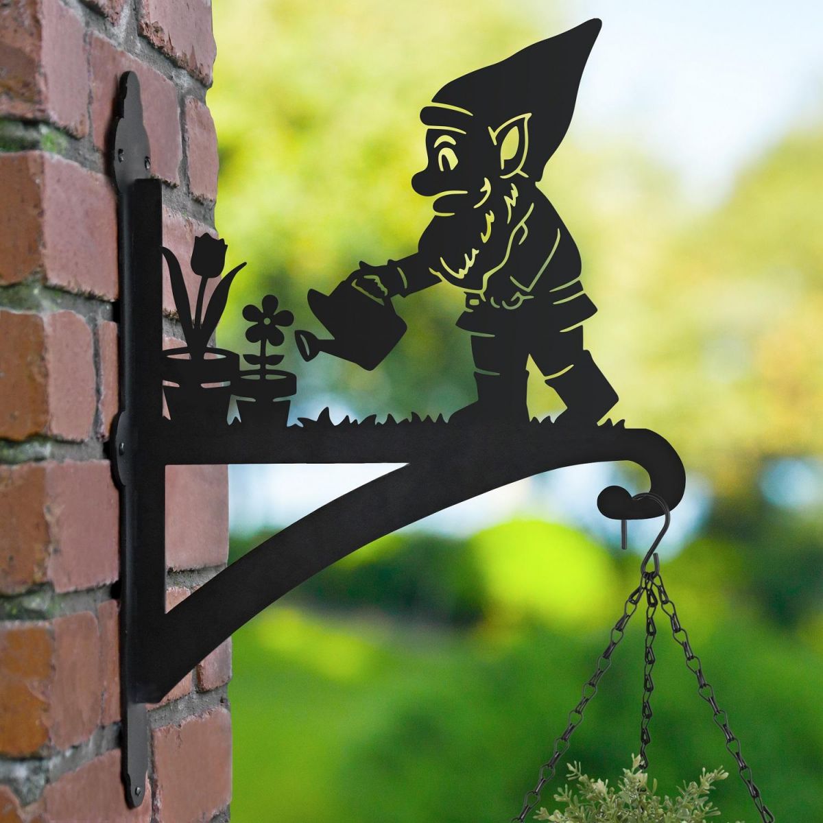 Garden Gnome Hanging Basket Bracket in Garden