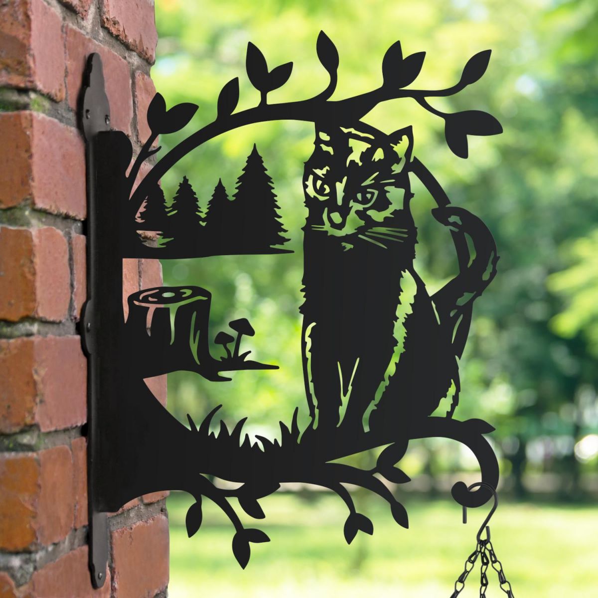 Alpine Trees and Stalking Cat Hanging Basket Bracket with Planter