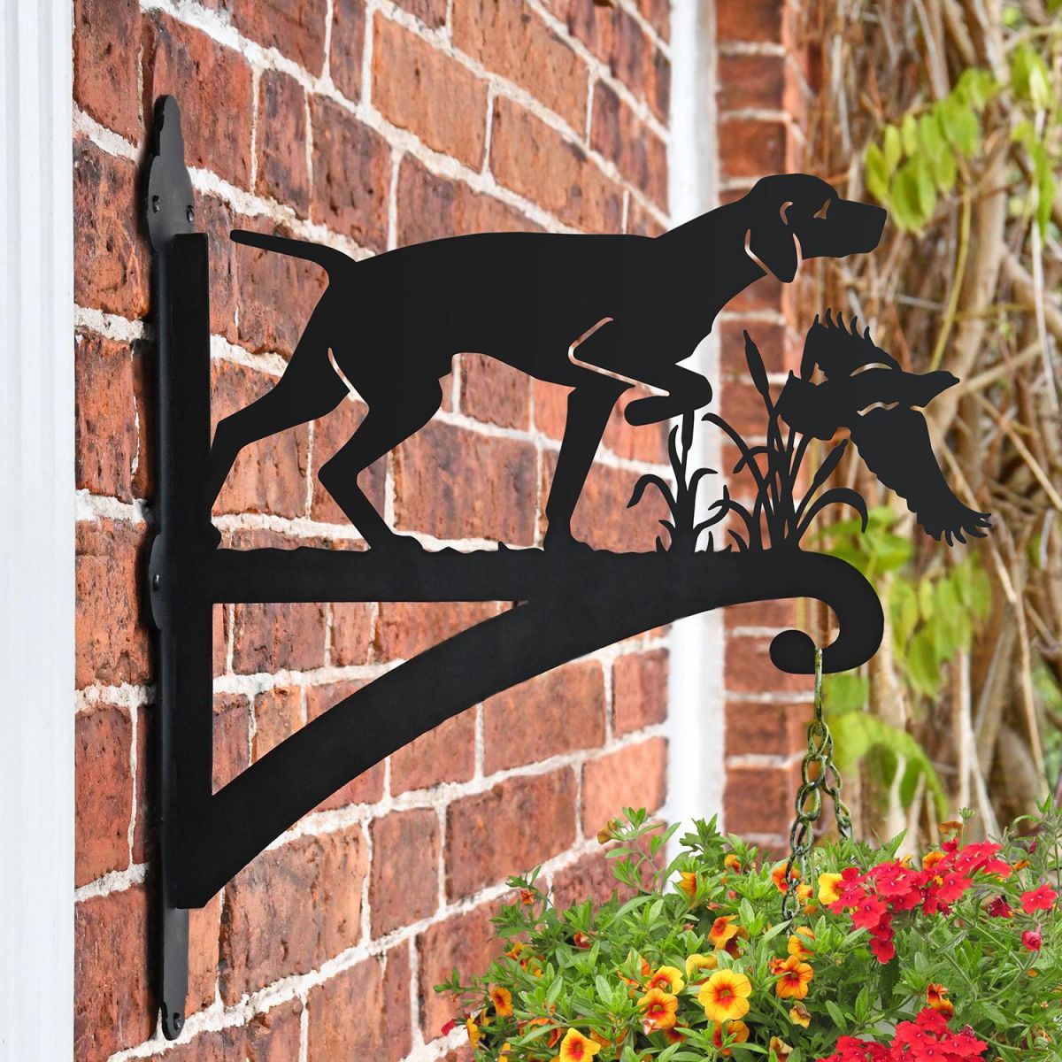 Pointer & Pheasant Iron Hanging Basket Bracket Mounted on a Brick Wall Pointer & Pheasant Iron Hanging Basket Bracket Mounted on a Brick Wall