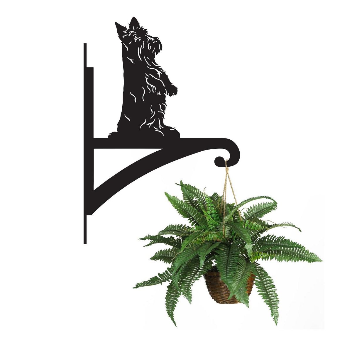 Scottish Terrier Iron Hanging Basket Bracket Holding a Flower Basket