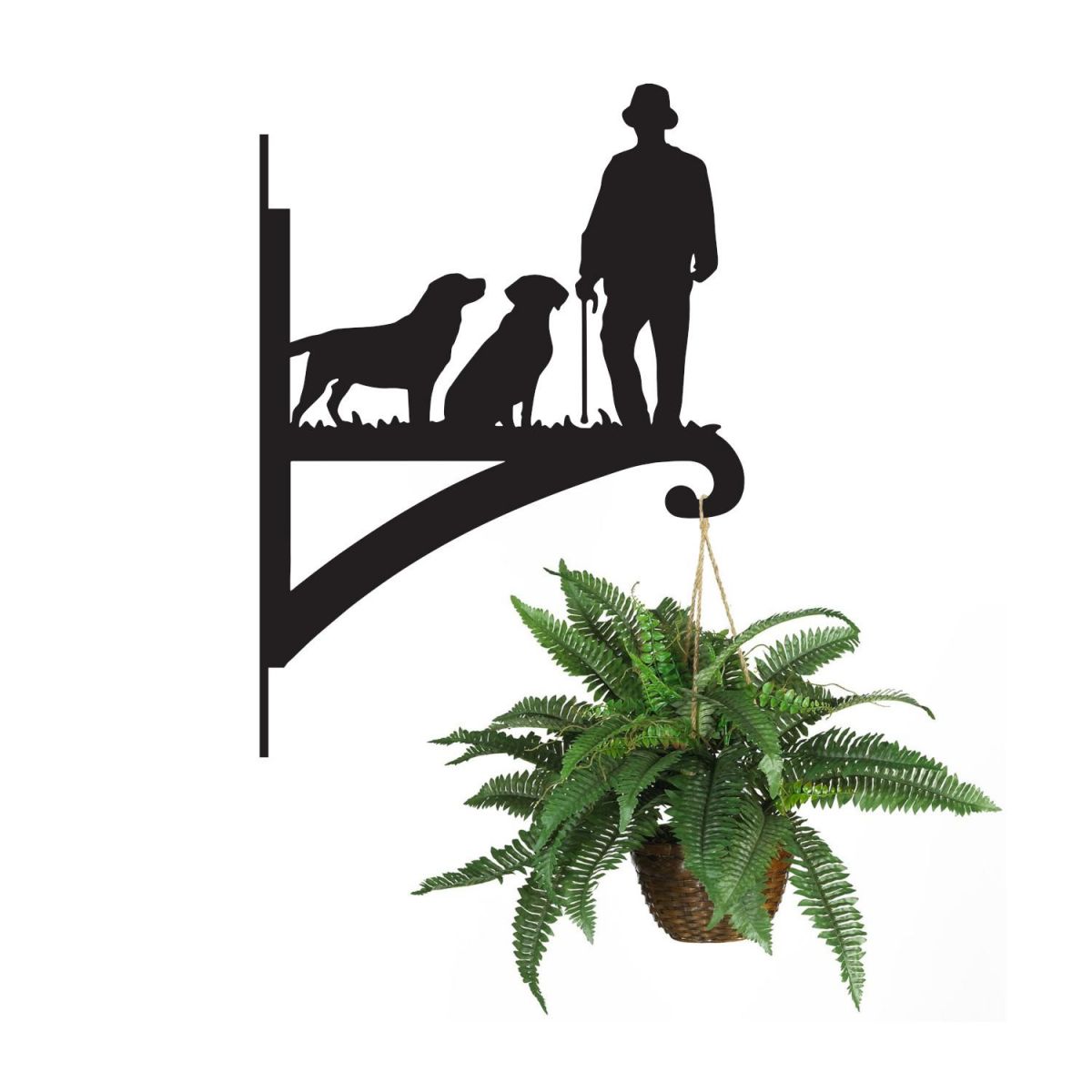 Man with Walking Stick and Two Labs Hanging Basket with Planter on White Background