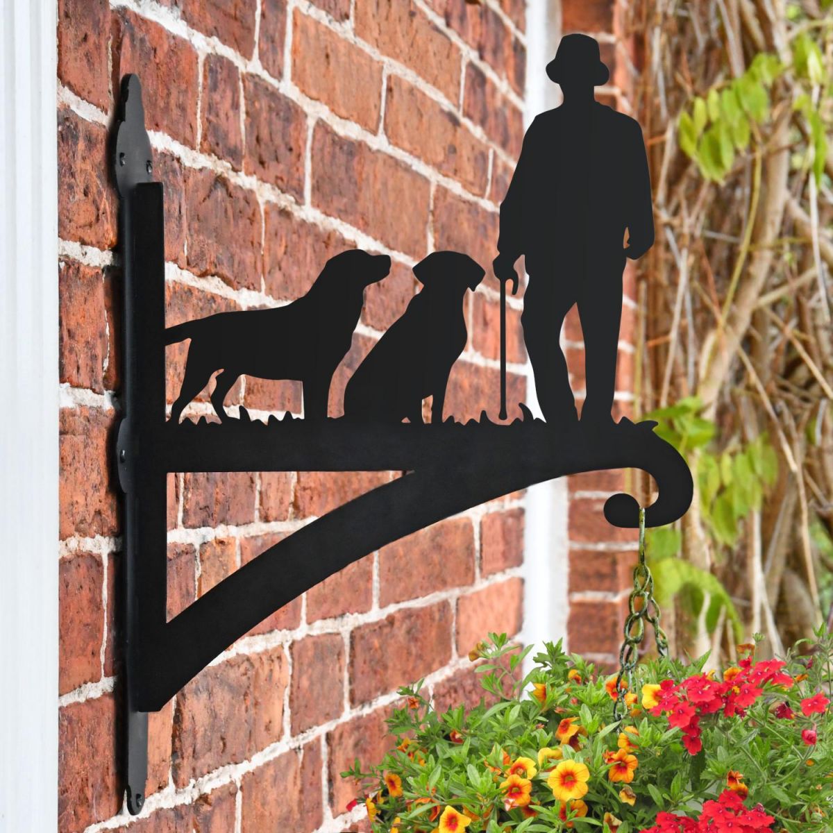 Man with Walking Stick and Two Labs Hanging Basket Bracket with Planter