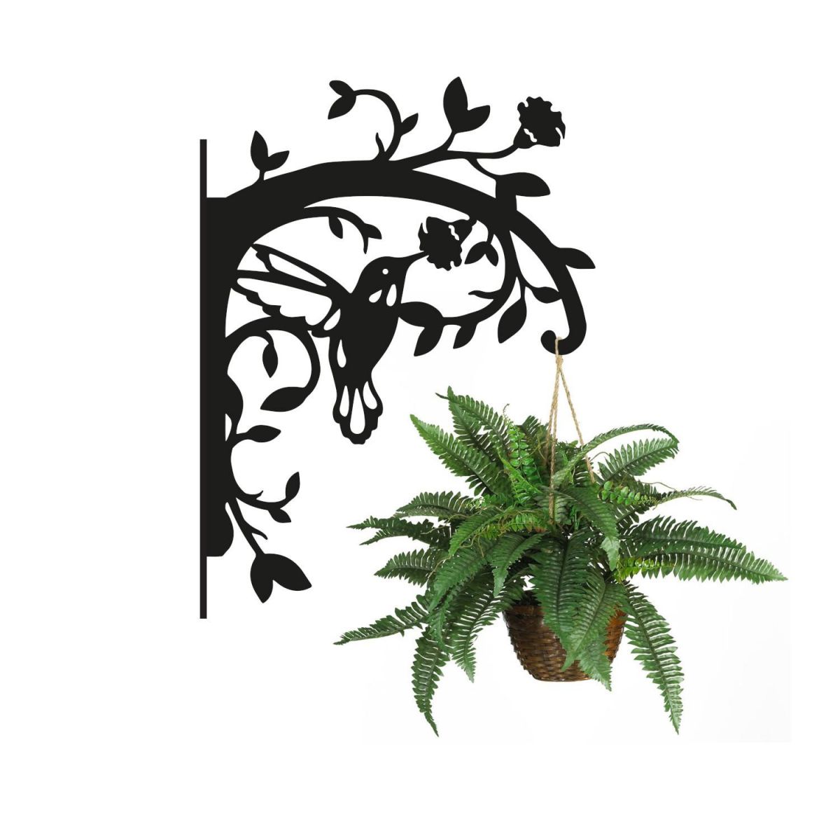 Flying Hummingbird Hanging Basket Bracket on White Background with Planter