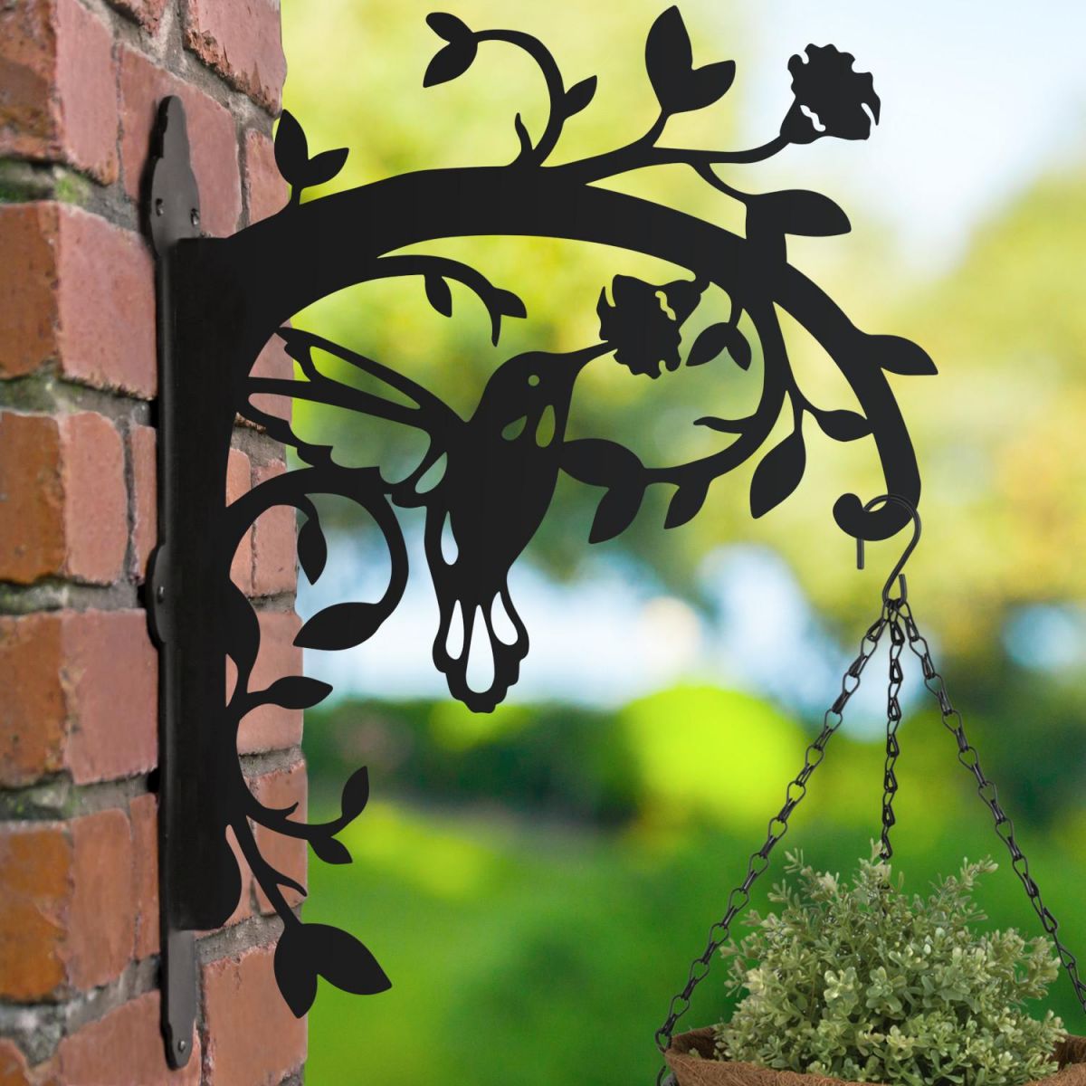 Flying Hummingbird Hanging Basket Bracket on Brickwork