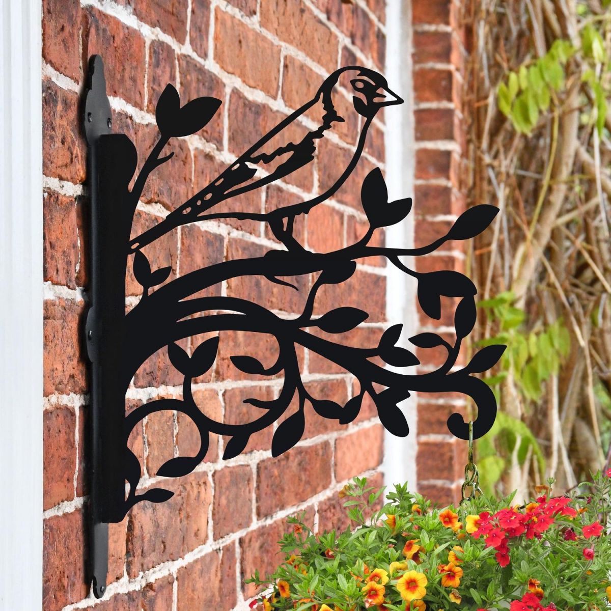 Iron Hanging Basket Bracket with Goldfinch and Branches