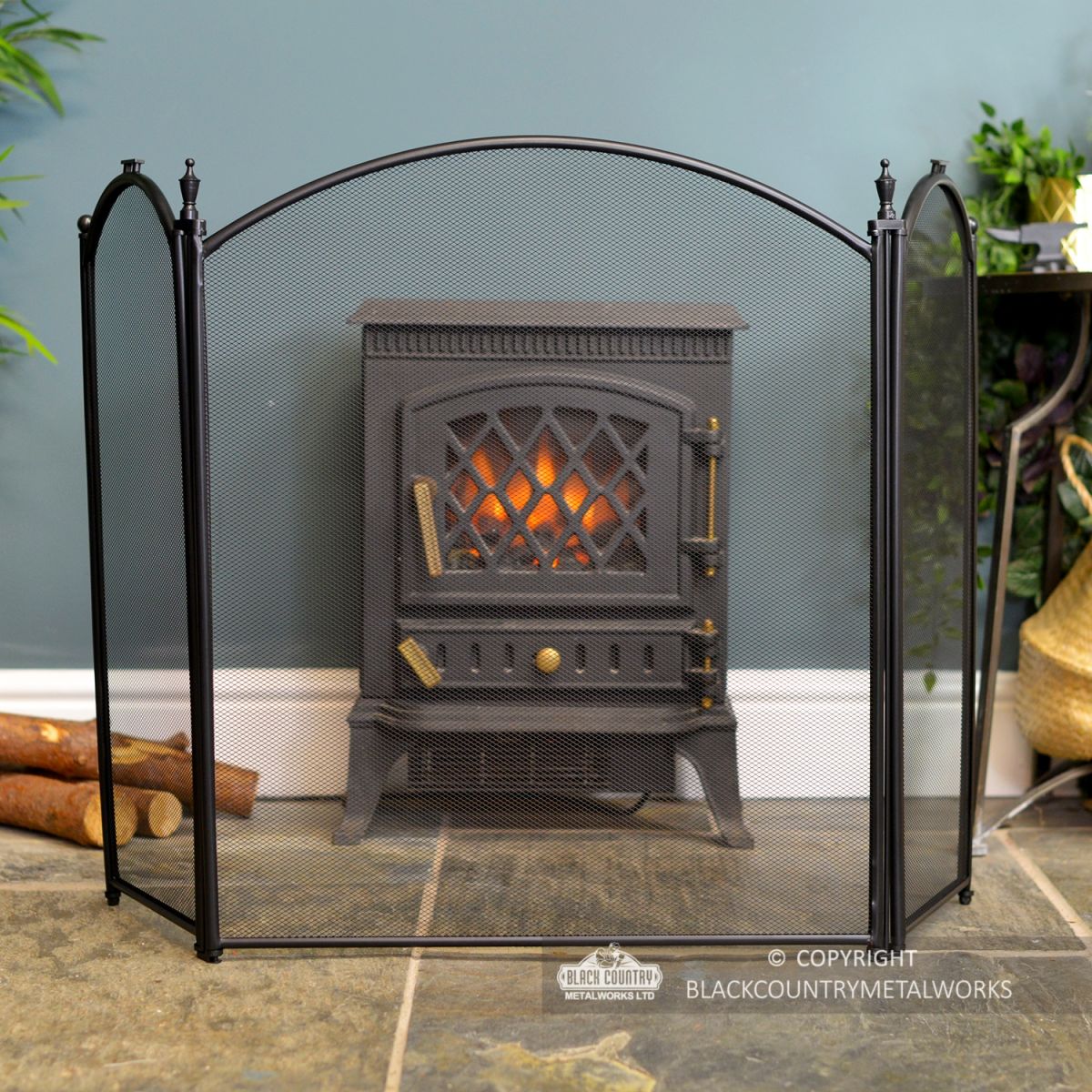 Traditional Simple Three Fold Fire Guard in Situ Finished in Black