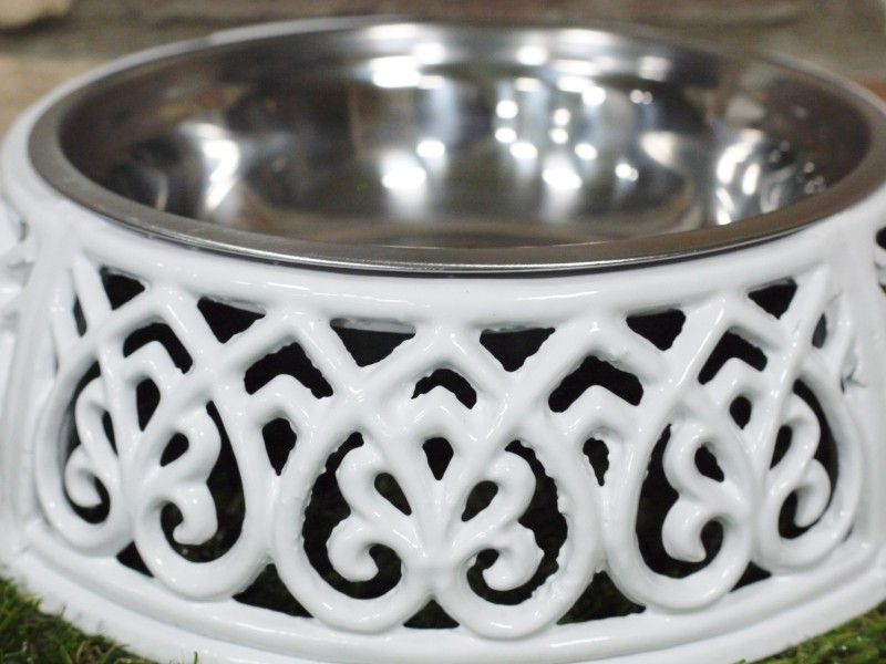 Antique White Dog Bowl Holder & Dish Antique White Dog Bowl Holder & Dish