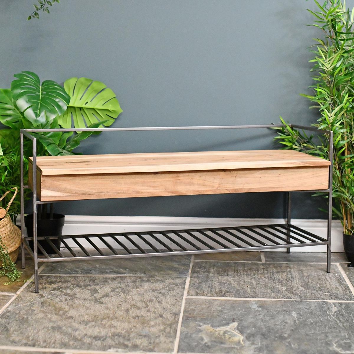 Natural Wood and Metal Opening Storage Bench