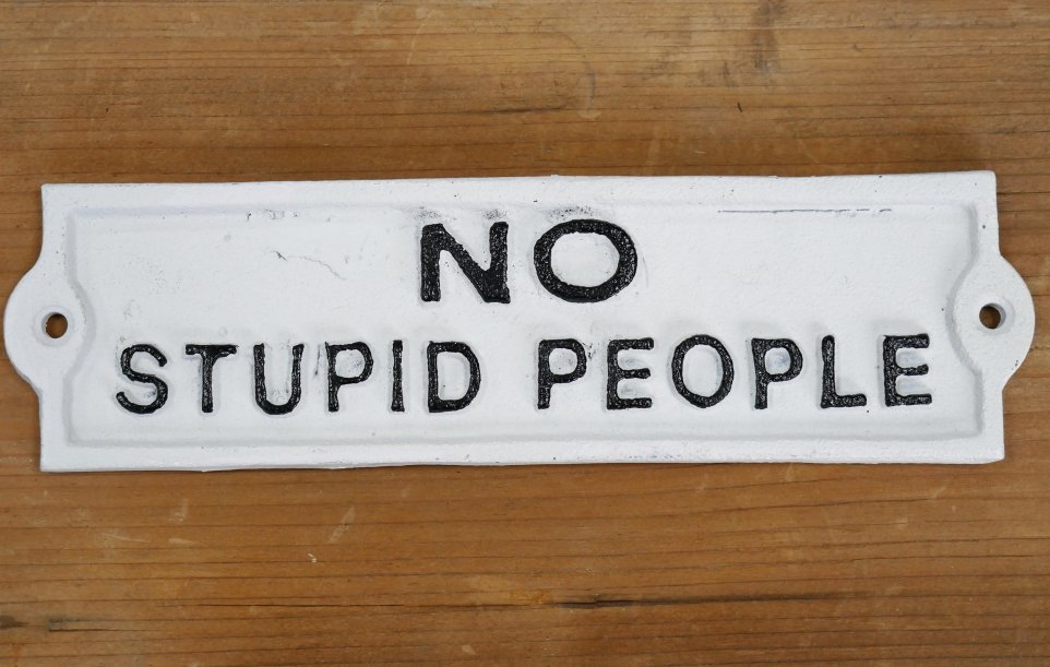 "No Stupid People" White Cast Iron Sign "No Stupid People" White Cast Iron Sign