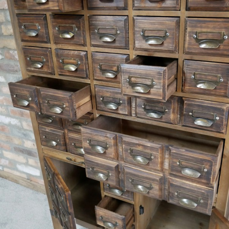 Close up of Dark Wood Haberdashery Cabinet with Drawers Open Close up of Dark Wood Haberdashery Cabinet with Drawers Open