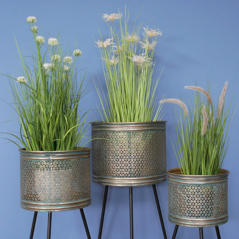 Art Deco Metal Indoor Planters- Set of 3 in Situ Art Deco Metal Indoor Planters- Set of 3 in Situ