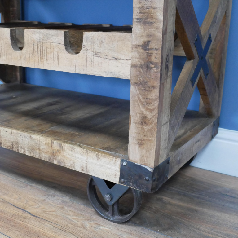 Close up of Wheels and Mango Wood Frame  Close up of Wheels and Mango Wood Frame