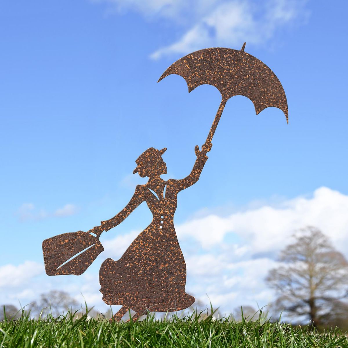 Mary Poppins Rustic Garden Silhouette Ornament in Use Outside