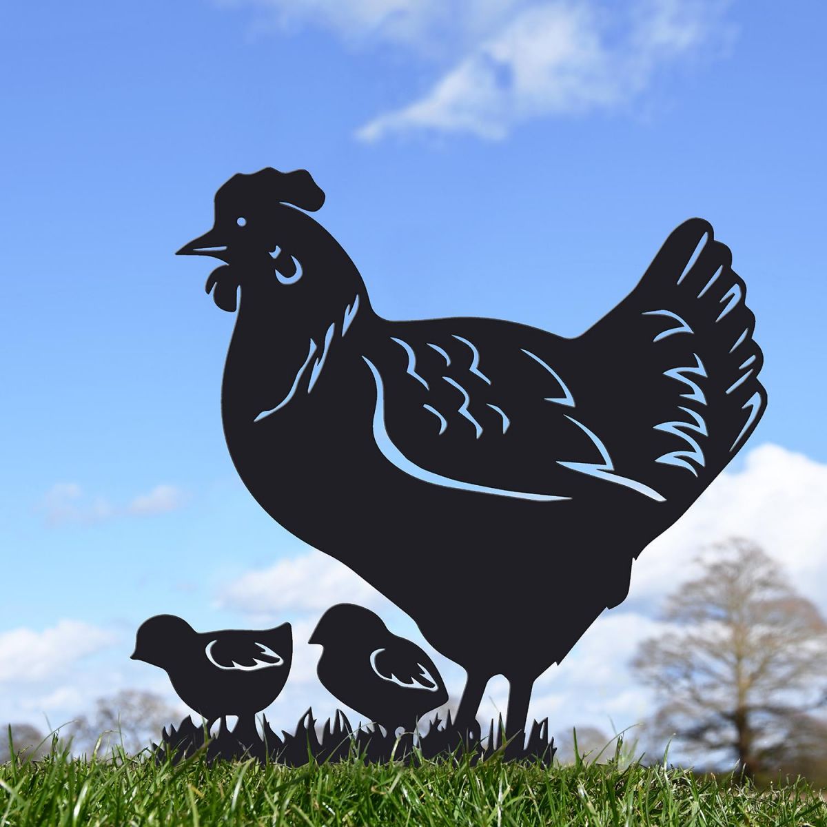 Black Hen & Chicks Silhouette Ornament in the Garden