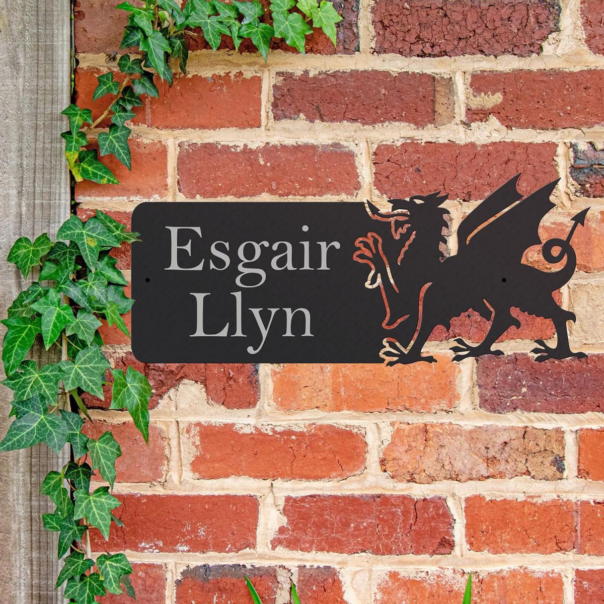 Welsh Dragon Iron House Name Sign Mounted o a Brick Wall