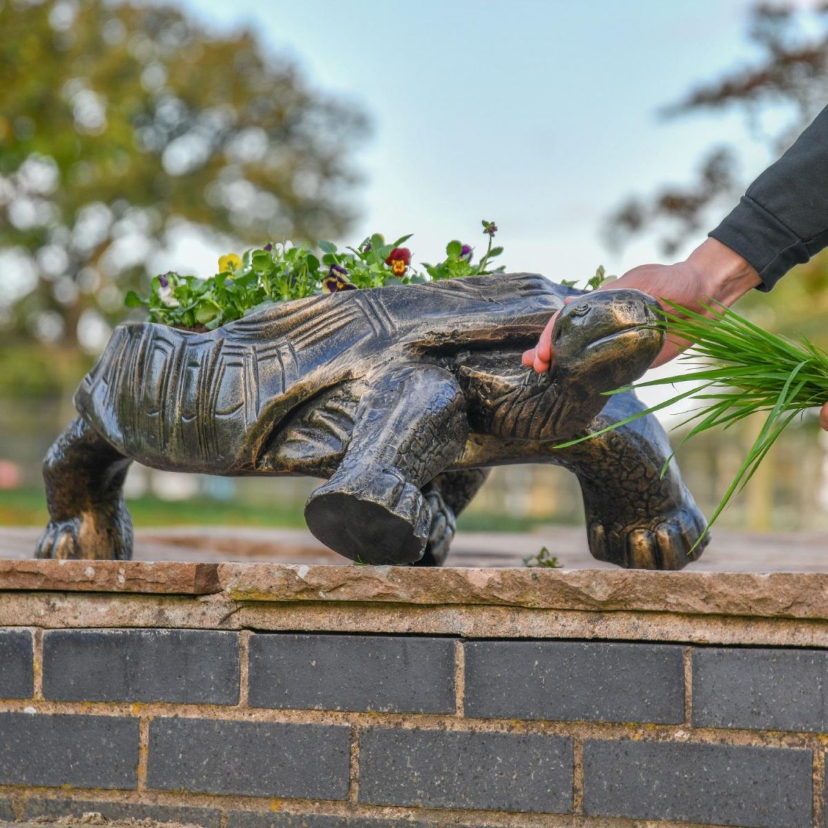 Antique Gold Tortoise Planter with Hand for Scale