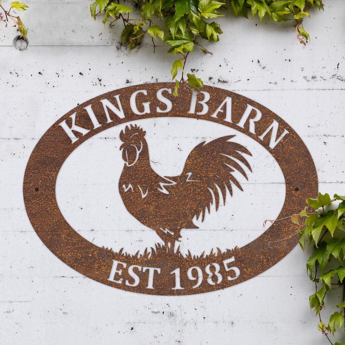 Deluxe Rooster Iron Oval House Name Sign in Rustic 