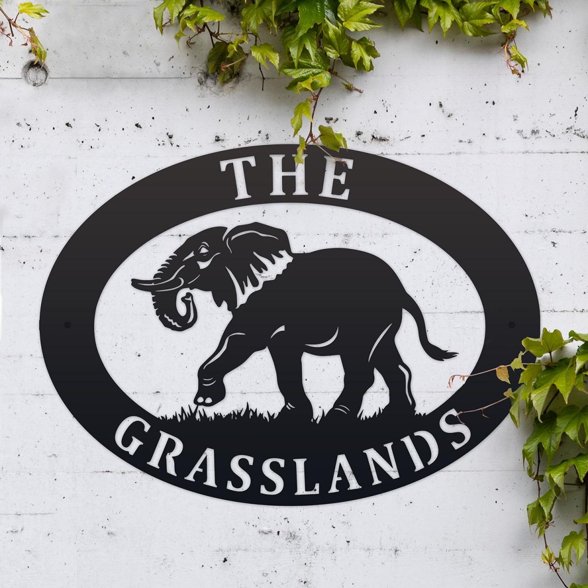 Elephant Iron Oval House Sign in Use Outdoors