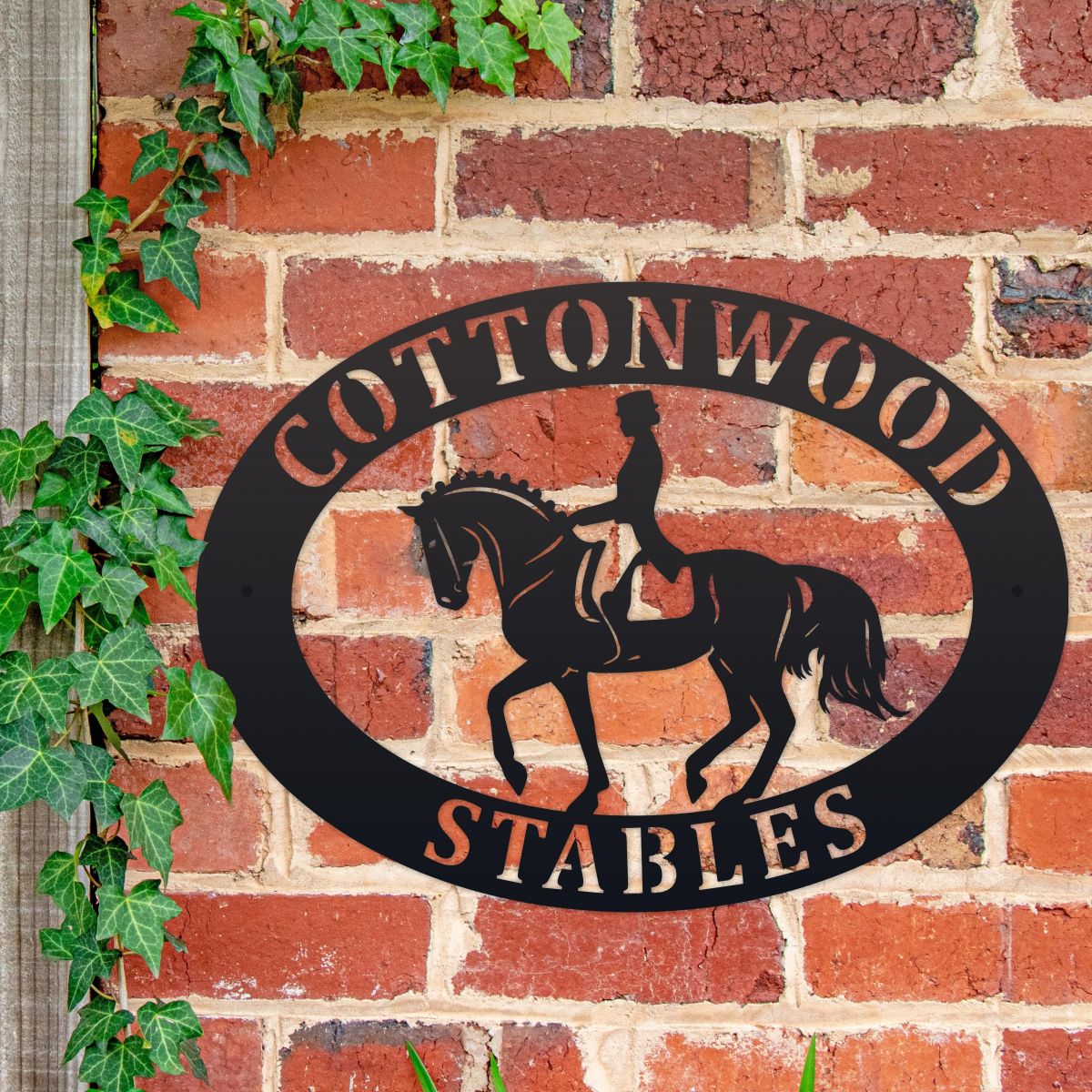 Iron Oval House Name sign with Dressage Horse Motif 
