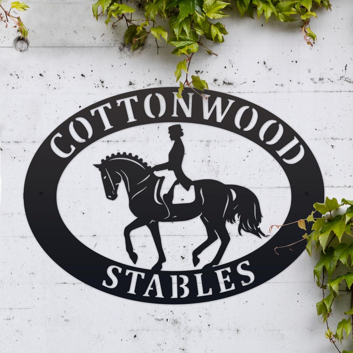 Oval House Name Sign with Dressage Horse 