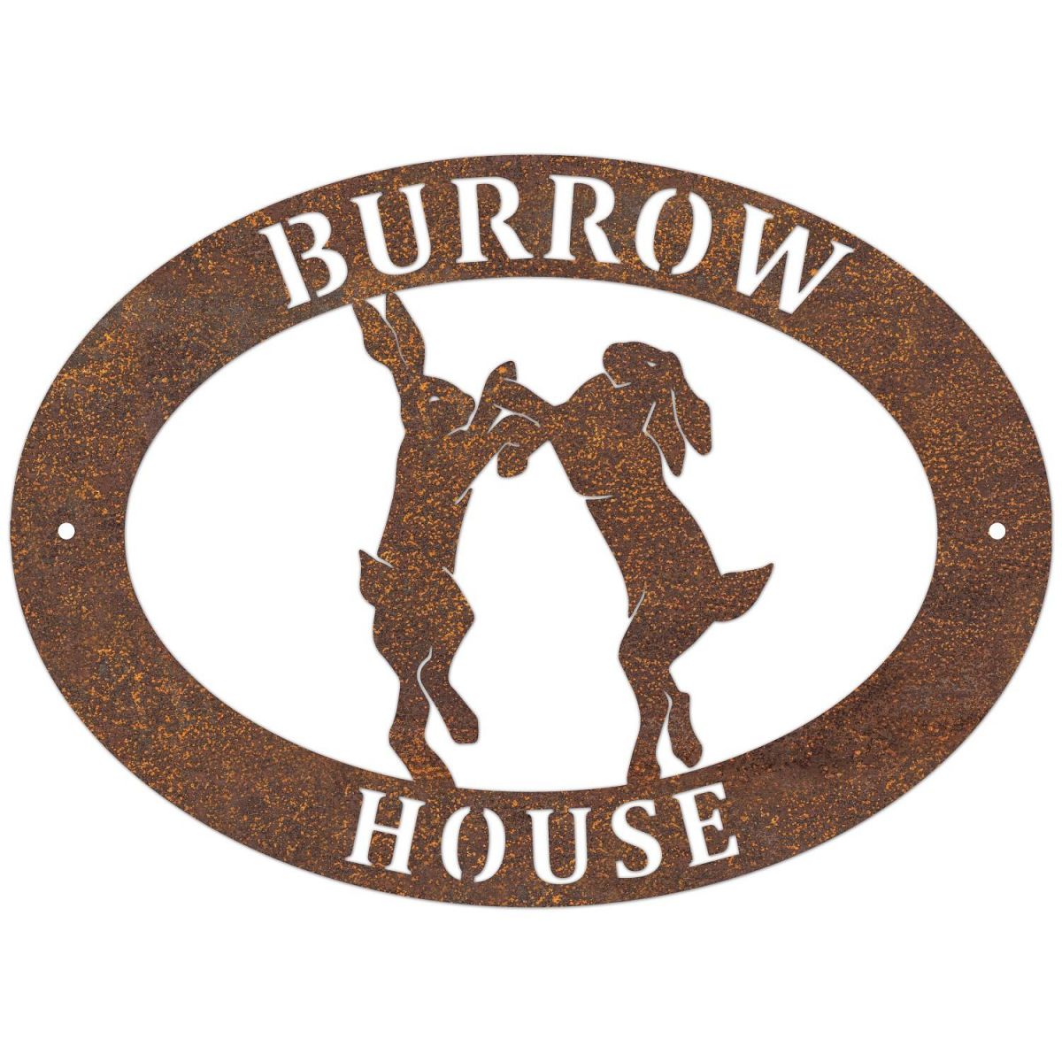 Boxing Hares Iron Oval House Sign in a Rustic Finish 