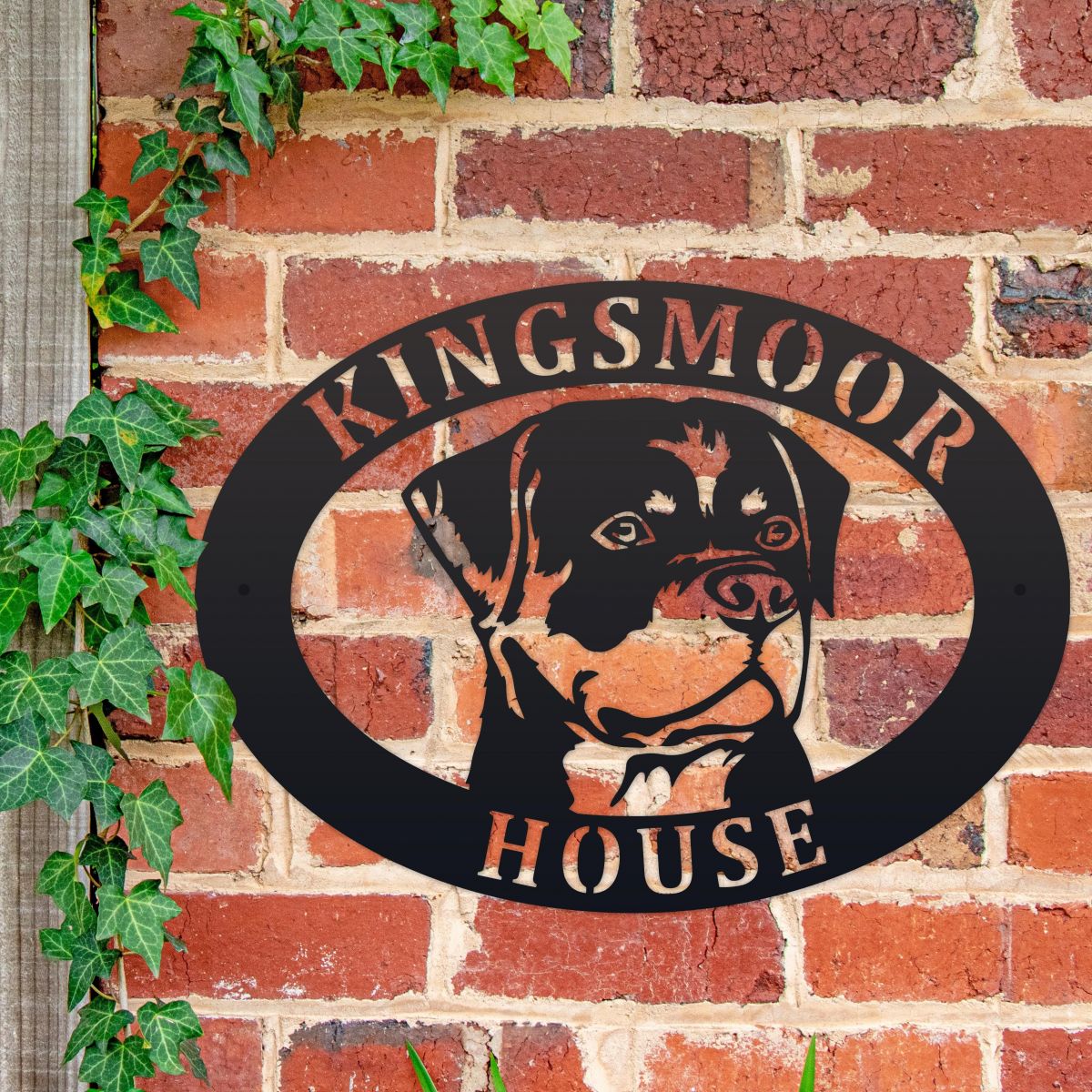 Iron Oval House Name Sign with Rottweiler 