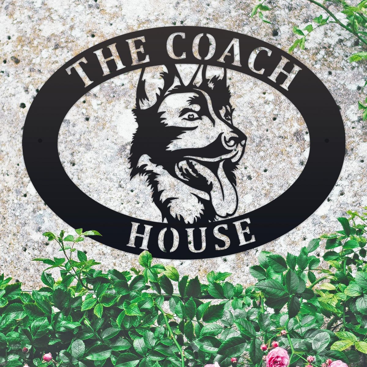 Oval House Name Sign with German Shepherd Motif 