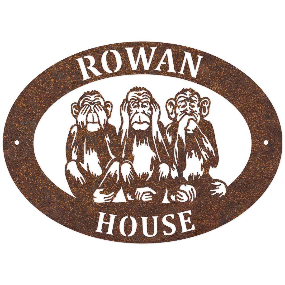 "See No Evil, Hear No Evil, Speak No Evil" Iron Oval House Sign in Use Outdoors "See No Evil, Hear No Evil, Speak No Evil" Iron Oval House Sign in Use Outdoors