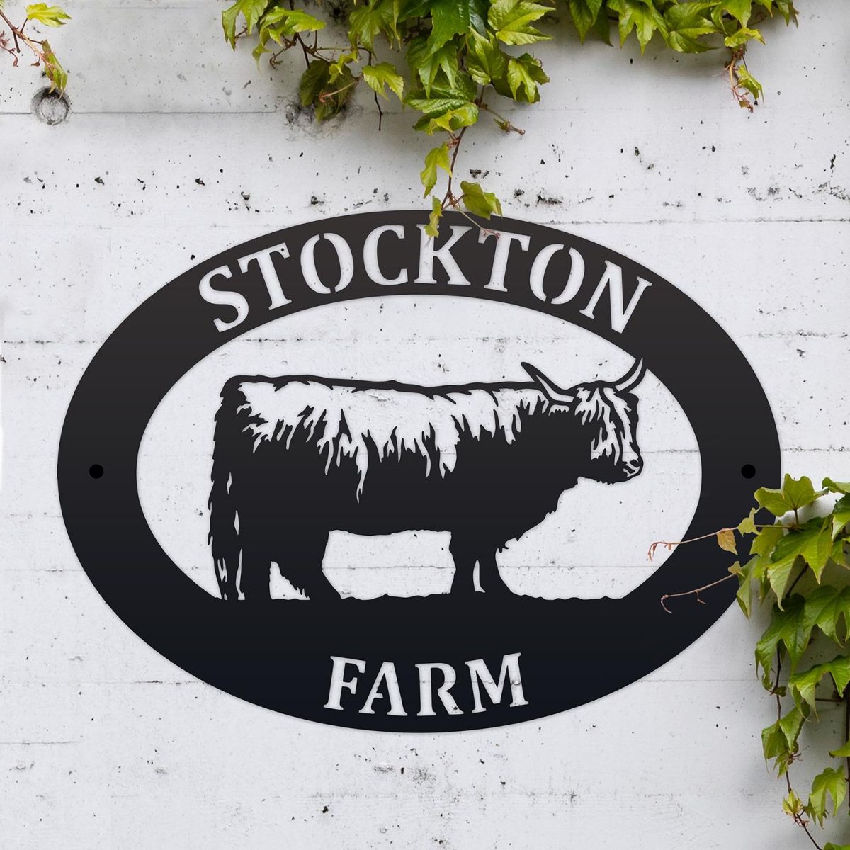 Highland Cow Iron Oval House Sign in Situ