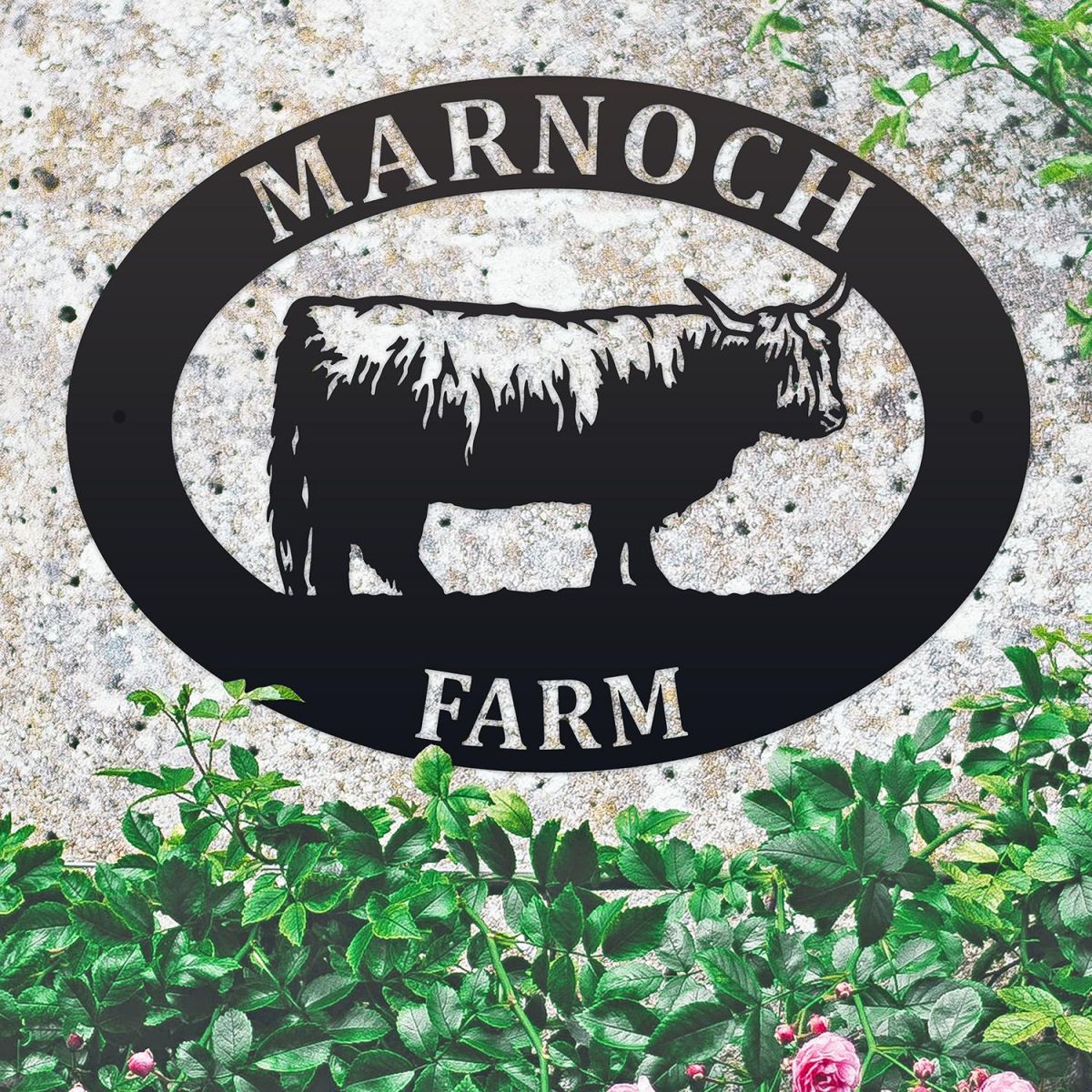 Highland Cow Iron Oval House Sign on a Stone Wall