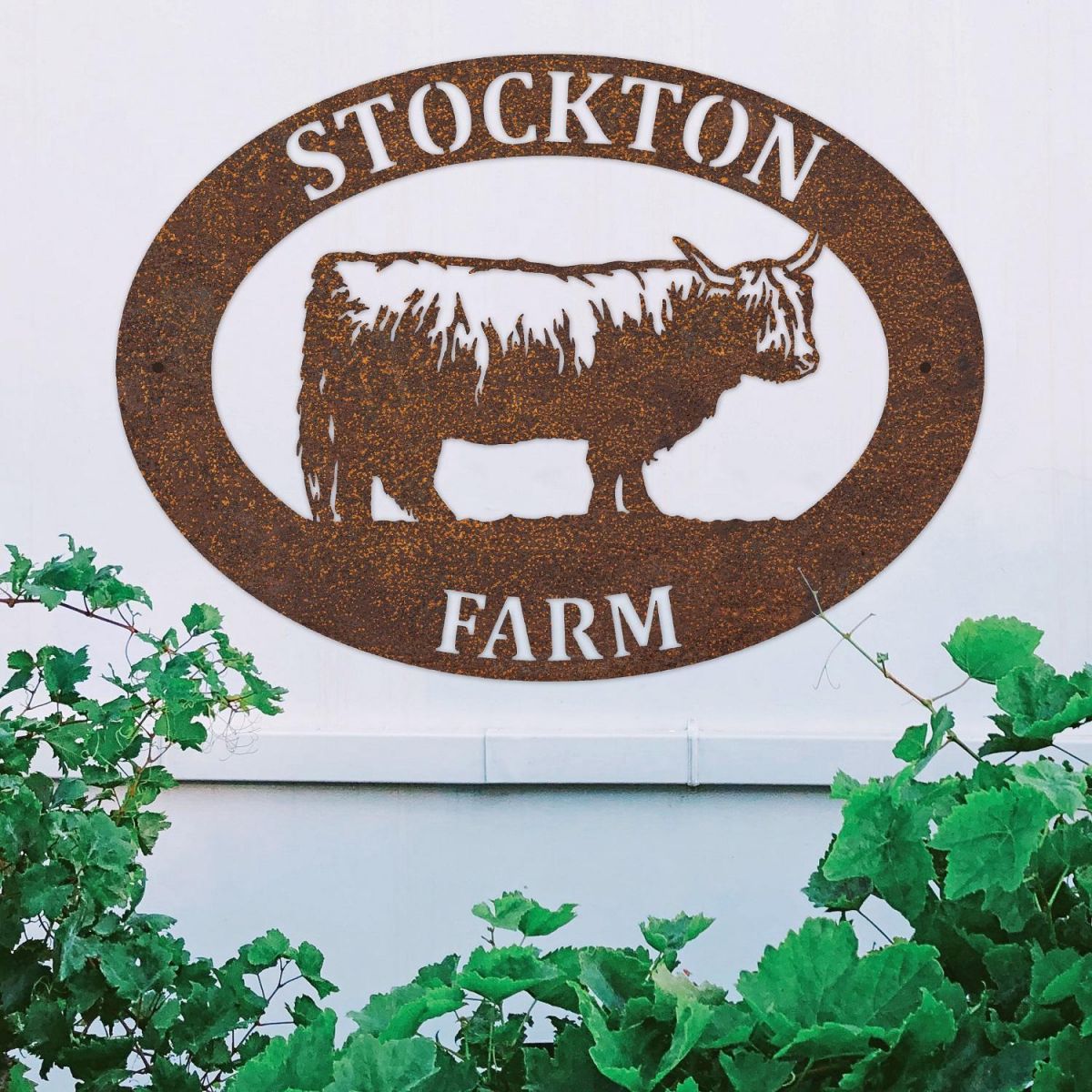 Highland Cow Iron Oval House Sign in Use Outdoors