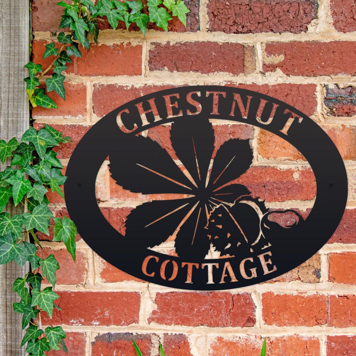 Oval House Name Sign with Horse Chestnut Design  Oval House Name Sign with Horse Chestnut Design