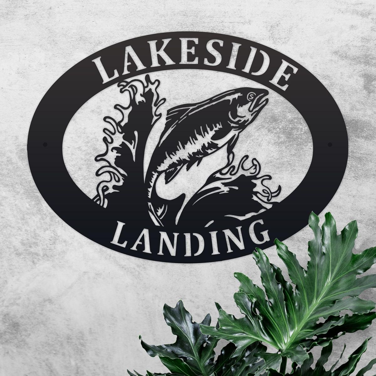 Freshwater Salmon Iron Oval House Sign in Use Outdoors