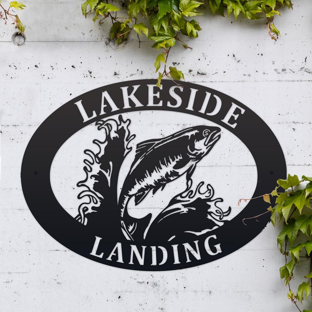 Freshwater Salmon Iron Oval House Sign in Situ