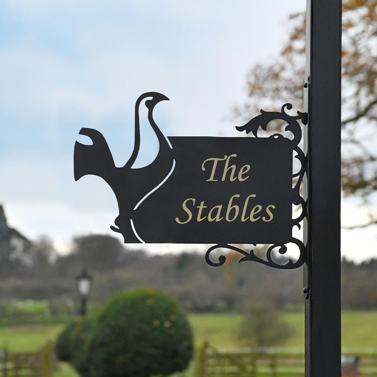Contemporary Cockerel Iron Bracket House Name Sign in Situ in the Garden