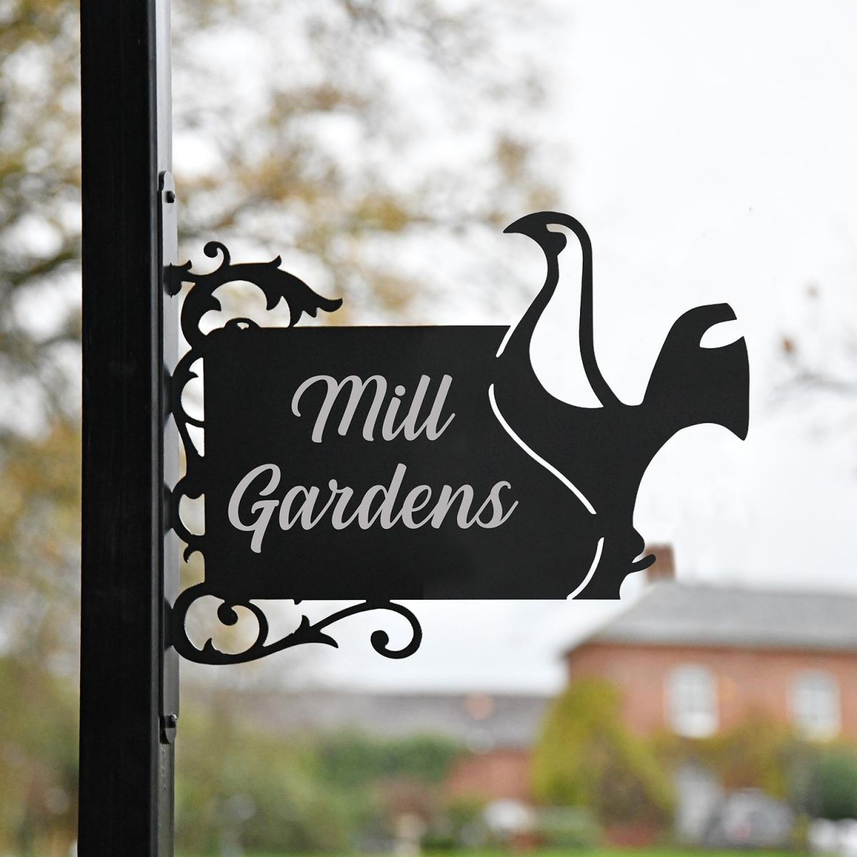 Contemporary Cockerel Iron Bracket House Name Sign in the Front Garden