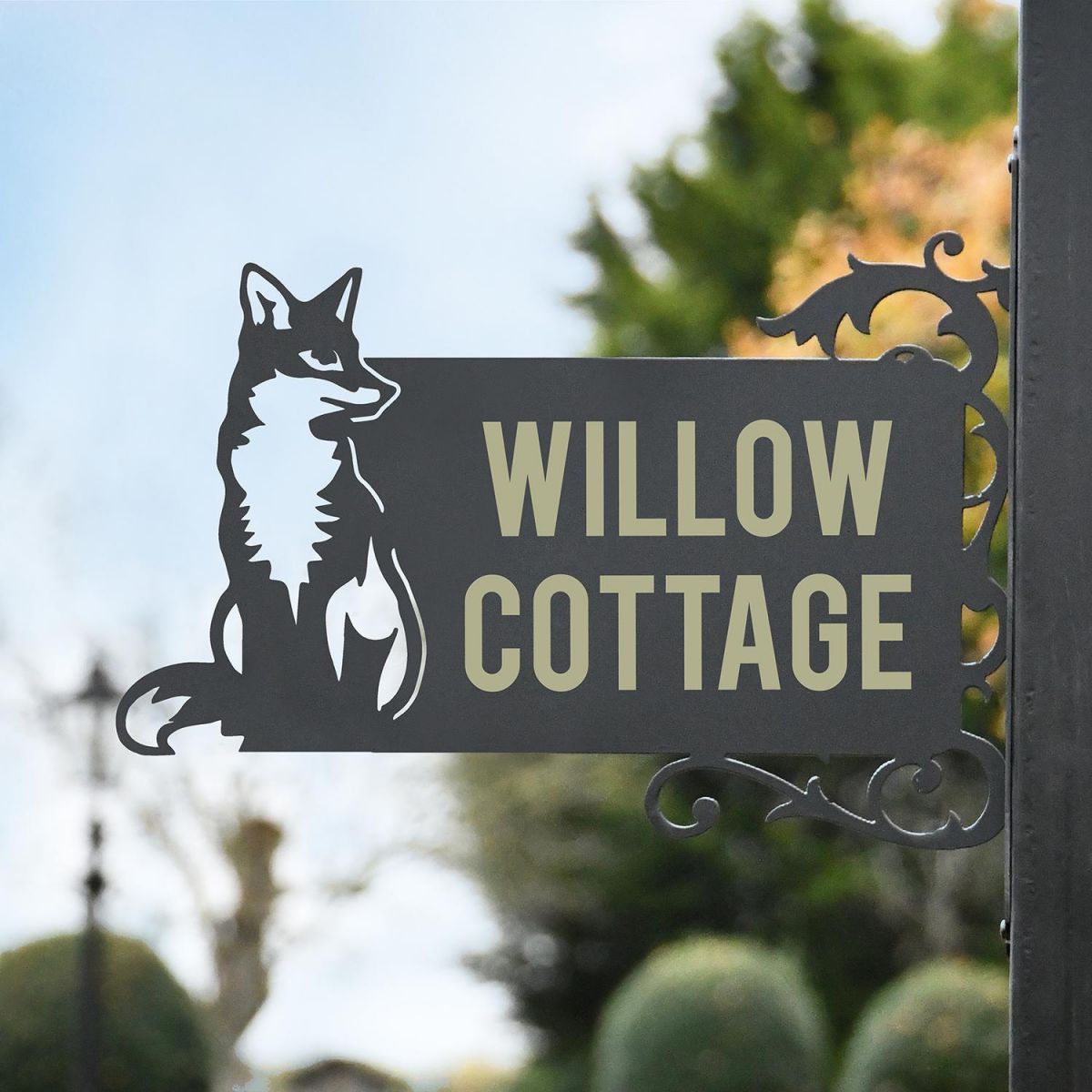 Iron Bracket Name Sign With a Sitting Fox Design
