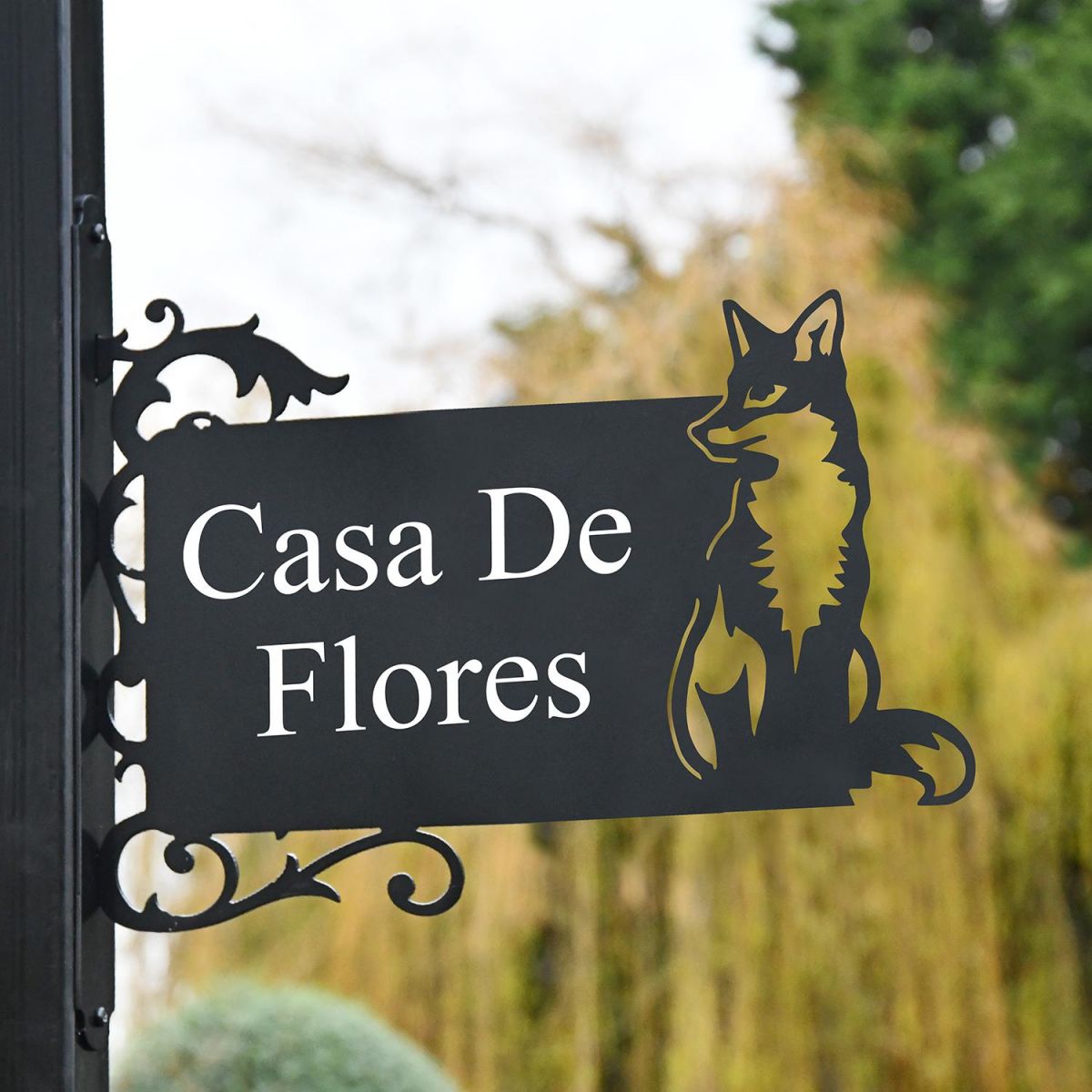 Sitting Fox Iron Bracket House Name Sign in Use in the Front Garden