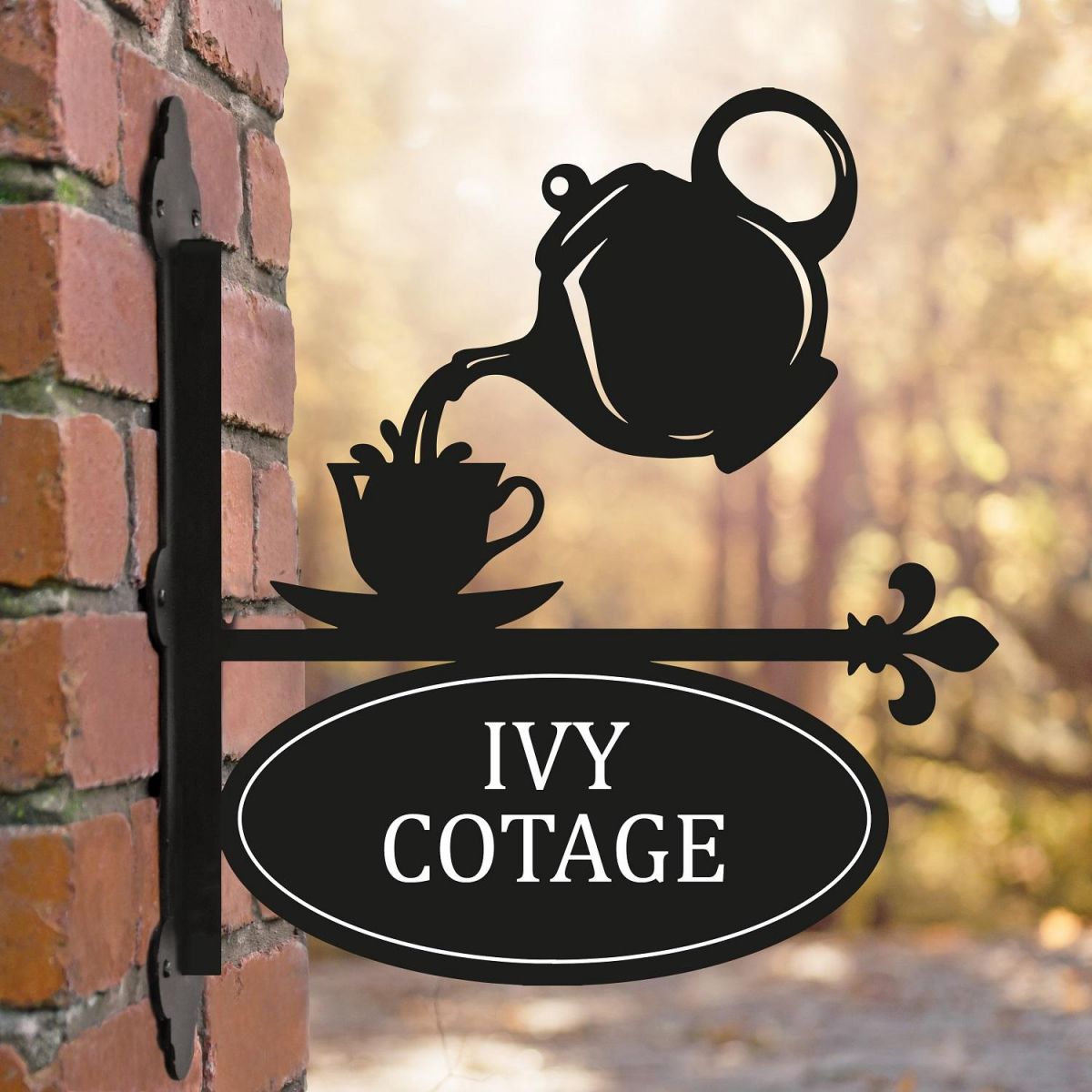 Teapot & Cup Iron Bracketed House Name Sign 