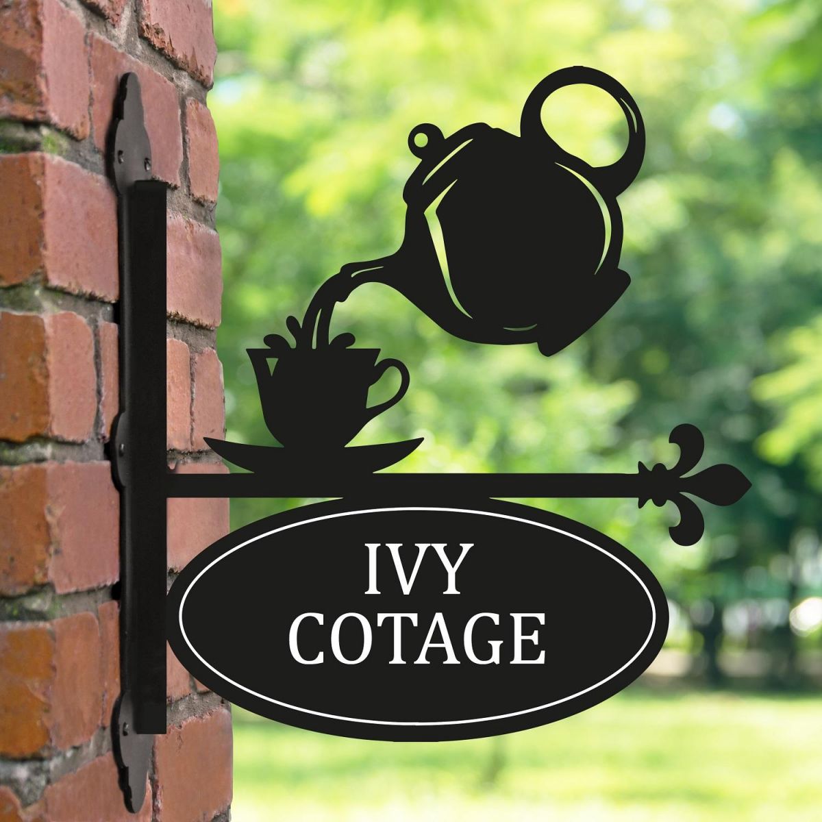 Teapot & Cup Iron Bracketed House Name Sign on Brick Wall 