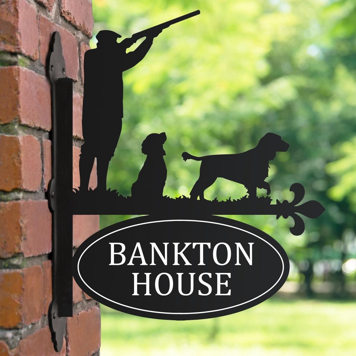 Game Season "Cocker Spaniel" Iron Bracketed House Name Sign in Garden